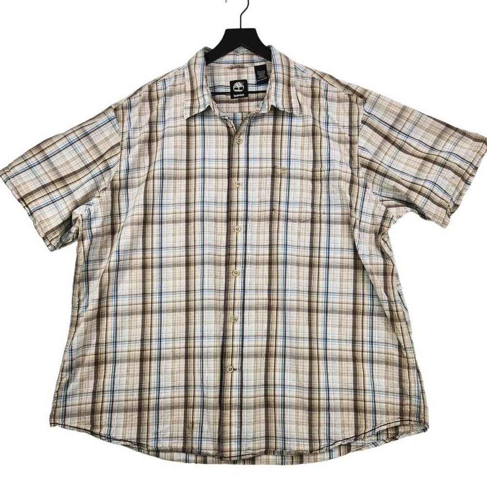 Timberland Men's 2XL Plaid Short Sleeve Button Up Casual Shirt Brown 100% Cotton